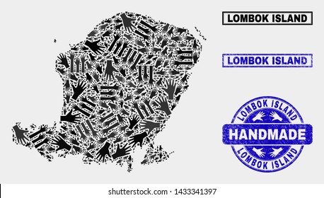 Vector handmade composition of Lombok Island map and grunge stamp seals. Mosaic Lombok Island map is formed of random hands. Blue seals with grunge rubber texture.