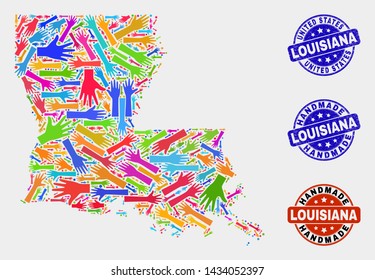 Vector handmade composition of Louisiana State map and rubber seals. Mosaic Louisiana State map is made with scattered bright colored hands. Rounded stamp imprints with grunge rubber texture.