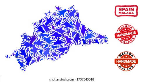 Vector handmade composition of Malaga Province map and rubber stamps. Mosaic Malaga Province map is done of scattered blue hands. Rounded and awry red watermarks with scratched rubber texture.