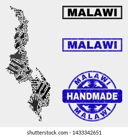 Vector handmade composition of Malawi map and scratched stamp seals. Mosaic Malawi map is constructed with scattered hands. Blue seals with grunge rubber texture.