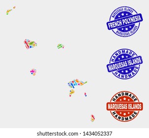 Vector handmade composition of Marquesas Islands map and scratched seals. Mosaic Marquesas Islands map is organized of randomized bright colored hands.