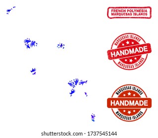 Vector handmade composition of Marquesas Islands map and unclean seals. Mosaic Marquesas Islands map is constructed of random blue hands. Rounded and awry red seals with unclean rubber texture.