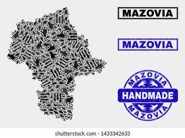 Vector handmade composition of Masovian Voivodeship map and grunge stamp seals. Mosaic Masovian Voivodeship map is created of randomized hands. Blue seals with grunge rubber texture.