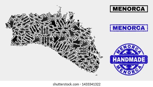 Vector handmade composition of Menorca Island map and textured watermarks. Mosaic Menorca Island map is composed with scattered hands. Blue watermarks with distress rubber texture.