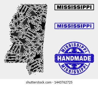 Vector handmade composition of Mississippi State map and unclean stamps. Mosaic Mississippi State map is made with scattered hands. Blue seals with unclean rubber texture.