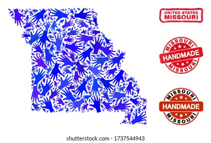 Vector handmade composition of Missouri State map and scratched watermarks. Mosaic Missouri State map is constructed with random blue hands.