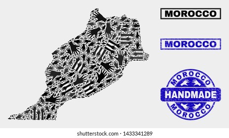 Vector handmade composition of Morocco map and dirty seals. Mosaic Morocco map is organized with random hands. Blue seals with grunge rubber texture. Flat design for handmade service templates.
