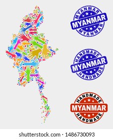 Vector handmade composition of Myanmar map and grunge stamp seals. Mosaic Myanmar map is designed with scattered bright colorful hands. Rounded seals with scratched rubber texture.