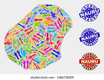 Vector handmade composition of Nauru map and rubber stamp seals. Mosaic Nauru map is organized of random bright colored hands. Rounded stamp imprints with corroded rubber texture.