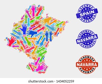 Vector handmade composition of Navarra Province map and corroded watermarks. Mosaic Navarra Province map is done of scattered bright colorful hands. Rounded watermarks with distress rubber texture.