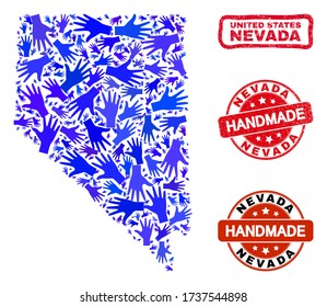 Vector handmade composition of Nevada State map and scratched stamp seals. Mosaic Nevada State map is organized of random blue hands. Rounded and crooked red seals with corroded rubber texture.