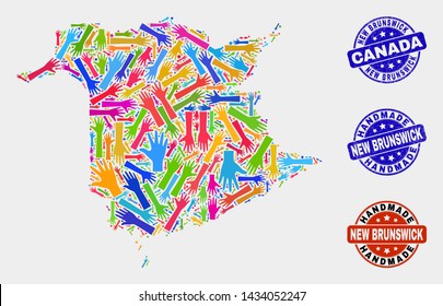 Vector handmade composition of New Brunswick Province map and rubber watermarks. Mosaic New Brunswick Province map is organized with randomized bright colored hands.