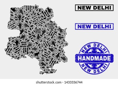 Vector handmade composition of New Delhi City map and rubber watermarks. Mosaic New Delhi City map is constructed of random hands. Blue watermarks with distress rubber texture.