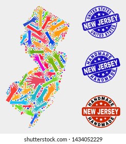 Vector handmade composition of New Jersey State map and scratched watermarks. Mosaic New Jersey State map is formed of scattered bright colorful hands.