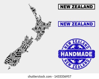 Vector handmade composition of New Zealand map and unclean stamp seals. Mosaic New Zealand map is made of randomized hands. Blue seals with scratched rubber texture.