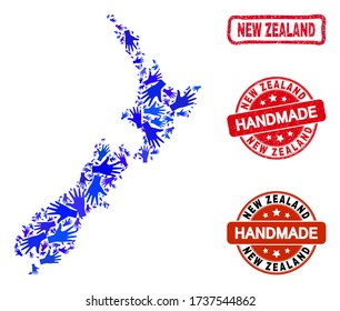 Vector handmade composition of New Zealand map and corroded stamp seals. Mosaic New Zealand map is made with random blue hands. Rounded and rough red stamp imprints with distress rubber texture.