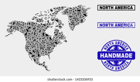 Vector handmade composition of North America map and rubber stamp seals. Mosaic North America map is organized of random hands. Blue seals with scratched rubber texture.