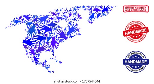 Vector handmade composition of North America and Greenland map and rubber stamps. Mosaic North America and Greenland map is made with randomized blue hands.