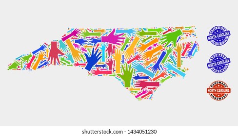 Vector handmade composition of North Carolina State map and corroded seals. Mosaic North Carolina State map is made with random bright colorful hands. Rounded seals with corroded rubber texture.