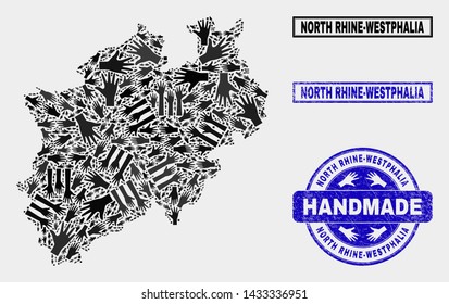 Vector handmade composition of North Rhine-Westphalia Land map and rubber seals. Mosaic North Rhine-Westphalia Land map is composed with random hands. Blue stamp imprints with grunge rubber texture.