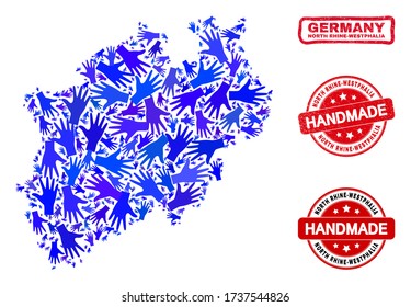 Vector handmade composition of North Rhine-Westphalia Land map and dirty seals. Mosaic North Rhine-Westphalia Land map is organized with random blue hands.