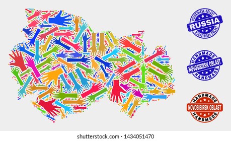 Vector handmade composition of Novosibirsk Region map and corroded seals. Mosaic Novosibirsk Region map is organized of random bright colorful hands. Rounded seals with corroded rubber texture.