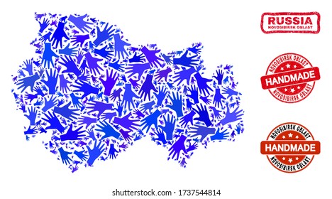 Vector handmade composition of Novosibirsk Region map and rubber stamp seals. Mosaic Novosibirsk Region map is constructed with random blue hands.