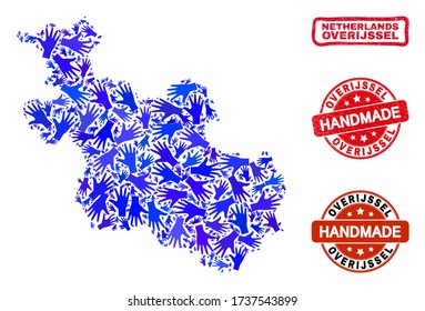 Vector handmade composition of Overijssel Province map and textured stamp seals. Mosaic Overijssel Province map is formed of random blue hands.