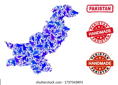 Vector handmade composition of Pakistan map and rubber seals. Mosaic Pakistan map is made of randomized blue hands. Rounded and crooked red stamp imprints with distress rubber texture.