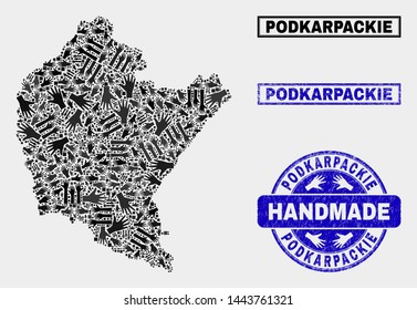 Vector handmade composition of Podkarpackie Voivodeship map and rubber watermarks. Mosaic Podkarpackie Voivodeship map is composed with randomized hands. Blue watermarks with unclean rubber texture.