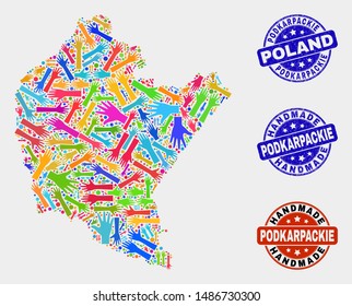 Vector handmade composition of Podkarpackie Voivodeship map and rubber stamp seals. Mosaic Podkarpackie Voivodeship map is formed of randomized bright colorful hands.