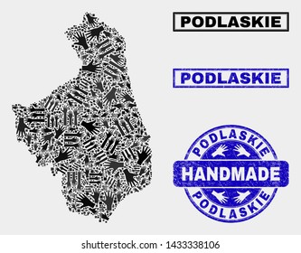 Vector handmade composition of Podlaskie Voivodeship map and corroded seals. Mosaic Podlaskie Voivodeship map is formed with randomized hands. Blue seals with corroded rubber texture.