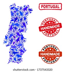 Vector handmade composition of Portugal map and textured seals. Mosaic Portugal map is organized with random blue hands. Rounded and rough red seals with grunge rubber texture.