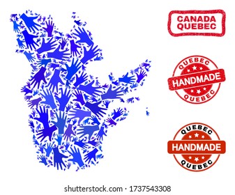 Vector handmade composition of Quebec Province map and grunge stamp seals. Mosaic Quebec Province map is made of random blue hands. Rounded and awry red stamp imprints with scratched rubber texture.