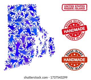 Vector handmade composition of Rhode Island State map and textured stamp seals. Mosaic Rhode Island State map is constructed of scattered blue hands.