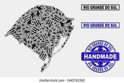 Vector handmade composition of Rio Grande do Sul State map and scratched watermarks. Mosaic Rio Grande do Sul State map is constructed with scattered hands.