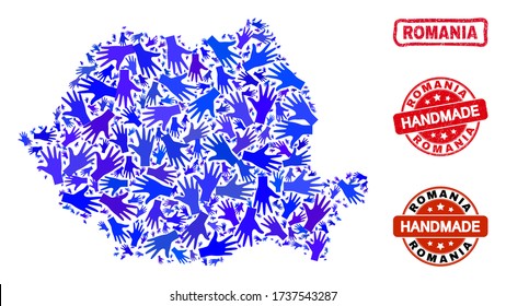 Vector handmade composition of Romania map and grunge watermarks. Mosaic Romania map is designed with scattered blue hands. Rounded and wry red stamp imprints with grunge rubber texture.