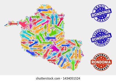 Vector handmade composition of Rondonia State map and grunge watermarks. Mosaic Rondonia State map is composed of random bright colored hands. Rounded stamp imprints with grunge rubber texture.