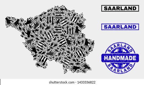 Vector handmade composition of Saarland Land map and corroded stamp seals. Mosaic Saarland Land map is created with random hands. Blue watermarks with corroded rubber texture.
