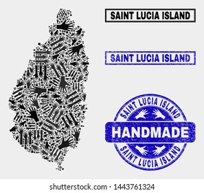 Vector handmade composition of Saint Lucia Island map and grunge seals. Mosaic Saint Lucia Island map is formed of scattered hands. Blue seals with unclean rubber texture.