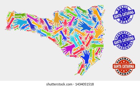 Vector handmade composition of Santa Catarina State map and scratched seals. Mosaic Santa Catarina State map is done from random bright colorful hands. Rounded seals with scratched rubber texture.