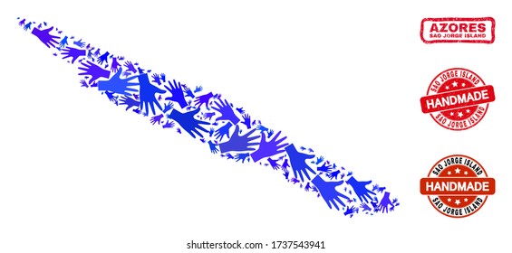 Vector handmade composition of Sao Jorge Island map and scratched seals. Mosaic Sao Jorge Island map is organized of scattered blue hands.