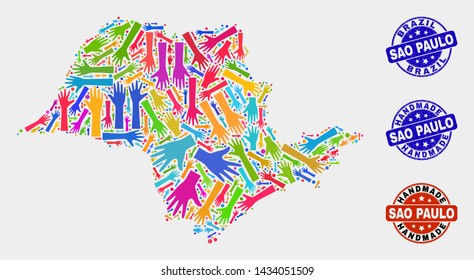 Vector handmade composition of Sao Paulo State map and dirty stamp seals. Mosaic Sao Paulo State map is formed of random bright colored hands. Rounded seals with unclean rubber texture.