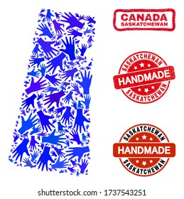 Vector handmade composition of Saskatchewan Province map and rubber seals. Mosaic Saskatchewan Province map is composed with random blue hands. Rounded and rough red seals with grunge rubber texture.