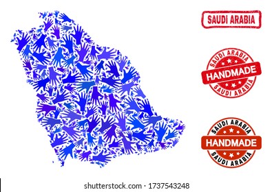 Vector handmade composition of Saudi Arabia map and rubber watermarks. Mosaic Saudi Arabia map is created with randomized blue hands. Rounded and wry red watermarks with grunge rubber texture.