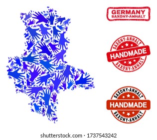 Vector handmade composition of Saxony-Anhalt Land map and rubber seals. Mosaic Saxony-Anhalt Land map is composed with randomized blue hands.