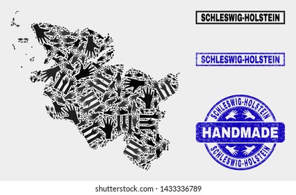 Vector handmade composition of Schleswig-Holstein Land map and unclean stamps. Mosaic Schleswig-Holstein Land map is made with randomized hands. Blue stamp imprints with unclean rubber texture.