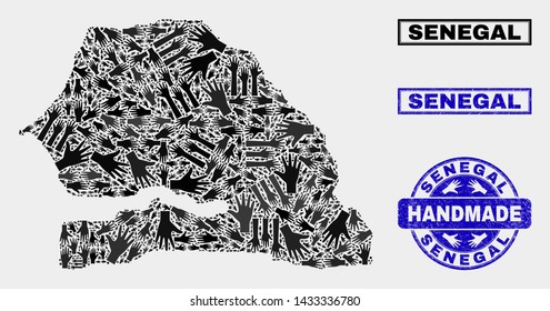 Vector handmade composition of Senegal map and rubber watermarks. Mosaic Senegal map is created with random hands. Blue seals with corroded rubber texture. Flat design for handmade service posters.