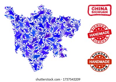 Vector handmade composition of Sichuan Province map and unclean watermarks. Mosaic Sichuan Province map is created with randomized blue hands.