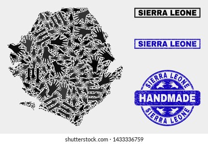 Vector handmade composition of Sierra Leone map and rubber stamps. Mosaic Sierra Leone map is formed with randomized hands. Blue seals with grunge rubber texture.